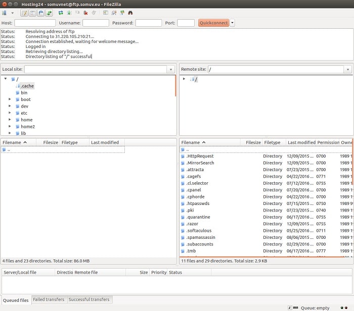 مدیریت فایل در filezilla