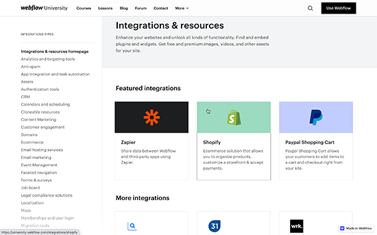  افزونه ها و ادغام ها در Webflow