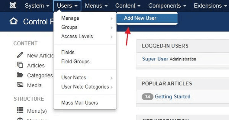 مسیر ایجاد پروفایل کاربری در joomla