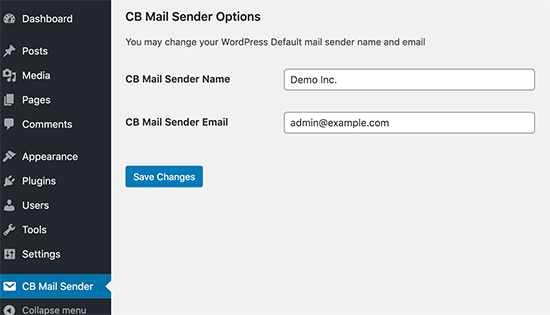 صفحه تنظیمات پلاگین CB Change Mail Sender