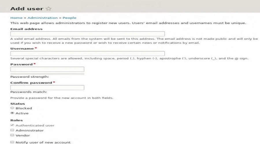 بخش ورود اطلاعات برای ایجاد پروفایل کاربری در دروپال