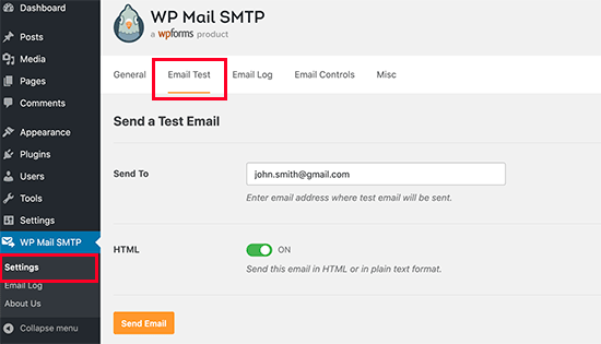 صفحه تنظیمات WP MAIL SMTP