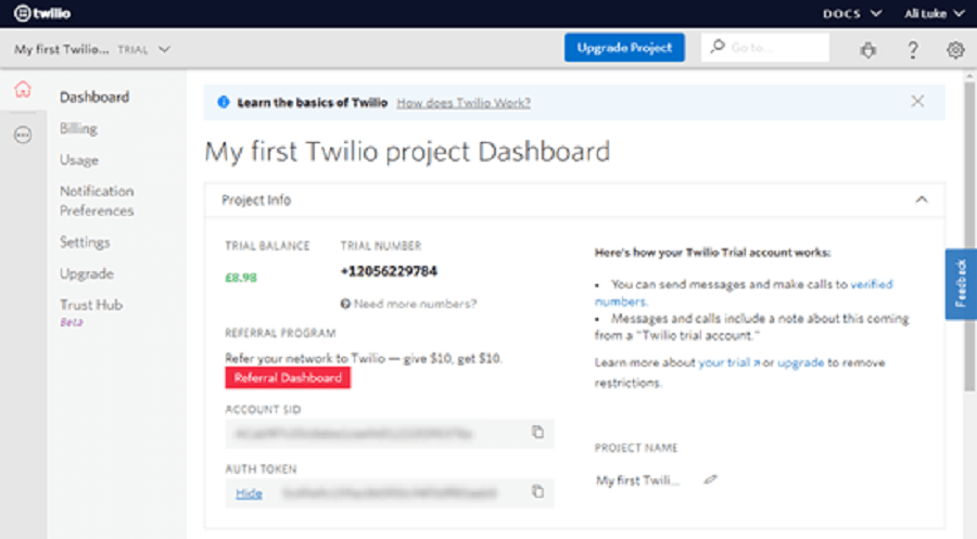 اطلاعات حساب twilio