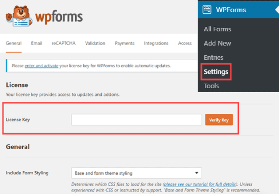 بخش وارد کردن لایسنس برای ایجاد wpforms