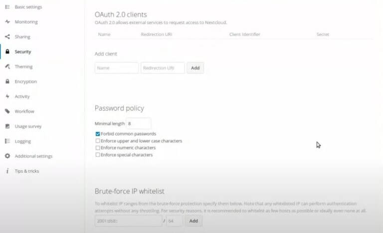 تنظیمات امنیتی nextcloud