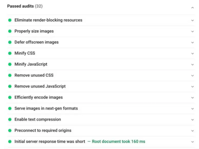 بخش ممیزی تصویب شده در PageSpeed Insights