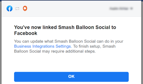 پیام تأیید اتصال فیس بوک به Smash Balloon
