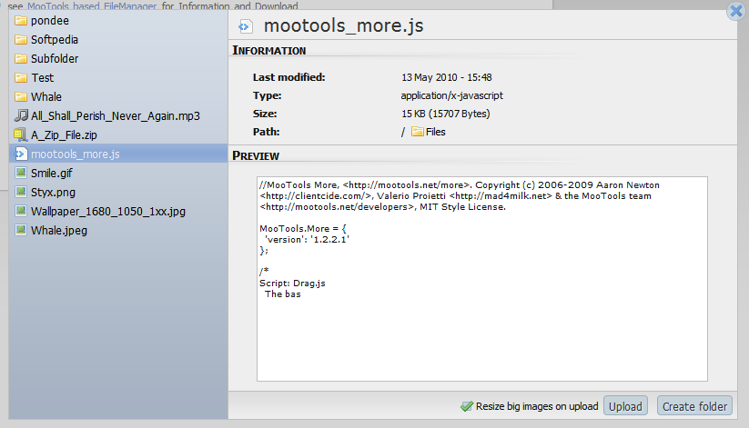 فایل منیجر وب MooTools