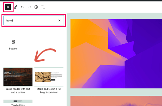پیشنهاد های تمپلت در Add Block Panel