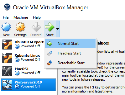 حالت های محتلف شروع virtual box