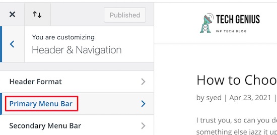 کلیک روی گزینه Primary Menu Bar