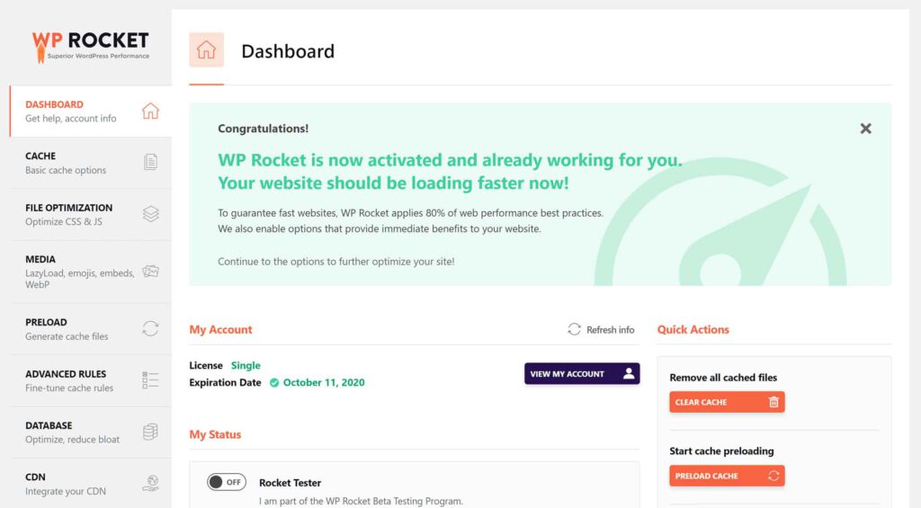 داشبورد افزونه ذخیره سازی WP Rocket.