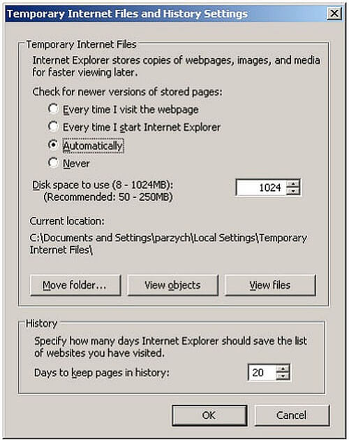 تنظیمات کش مرورگر در اینترنت اکسپلورر
