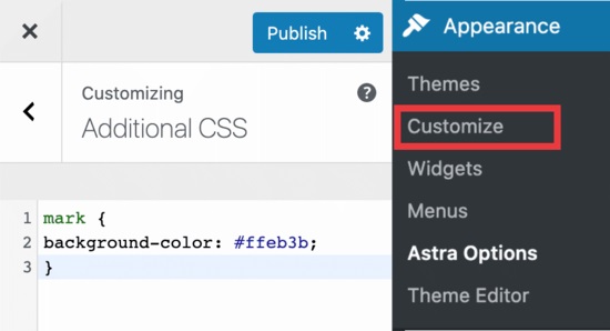 رفتن به Additional CSS برای سفارشی کردن رنگ پس زمینه متن هایلایت شده وردپرس