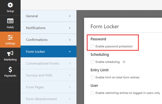 کلیک بر روی گزینه Enable password protection