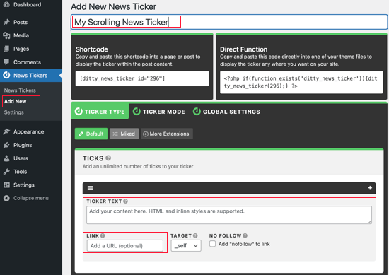 تیکر متن متحرک - افزونه Ditty News Ticker