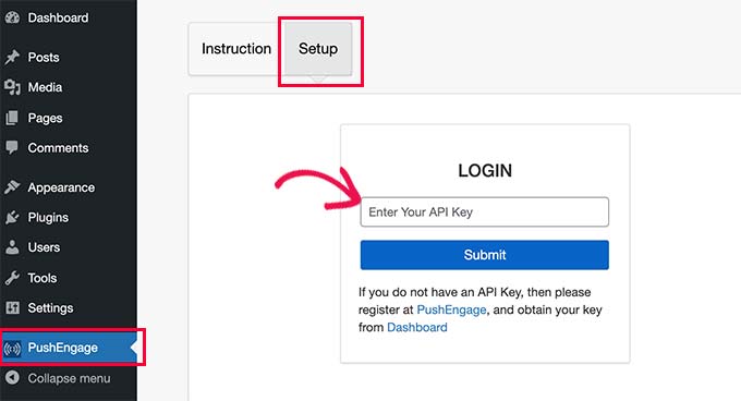 تنظیمات PushEngage برای API 