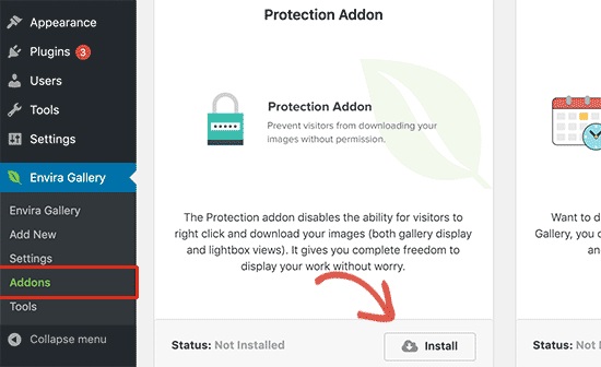 مراجعه به صفحه Addons و انتخاب گزینه Install 