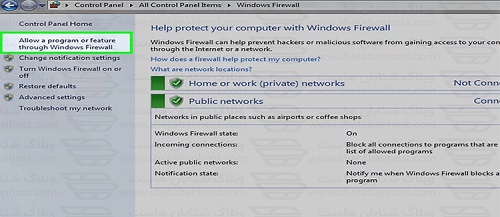 انتخاب گزینه Allow an app or feature through Windows Firewall