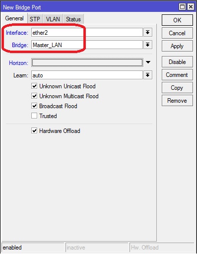 افزودن رابط فیزیکی "Ether-2" به رابط بریج "Master_LAN"
