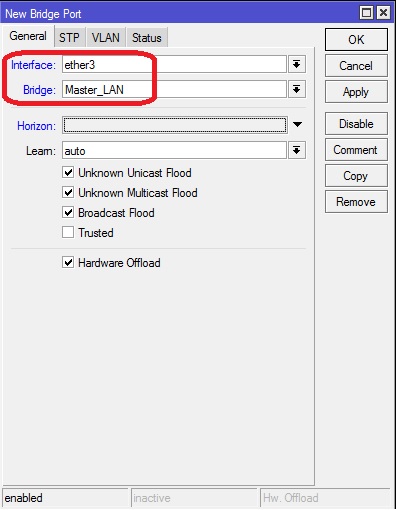 افزودن رابط فیزیکی "Ether-3" به رابط بریج "Master_LAN"