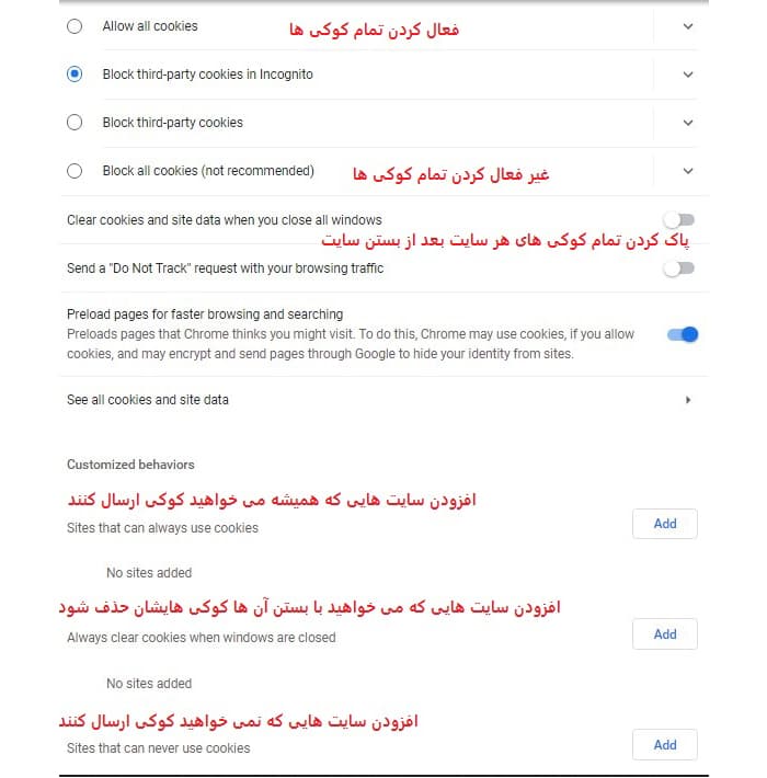 فعال و غیر فعال کردن کوکی ها