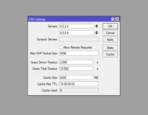 فعال کردن ویژگی کش برای DNS سرور MikroTik